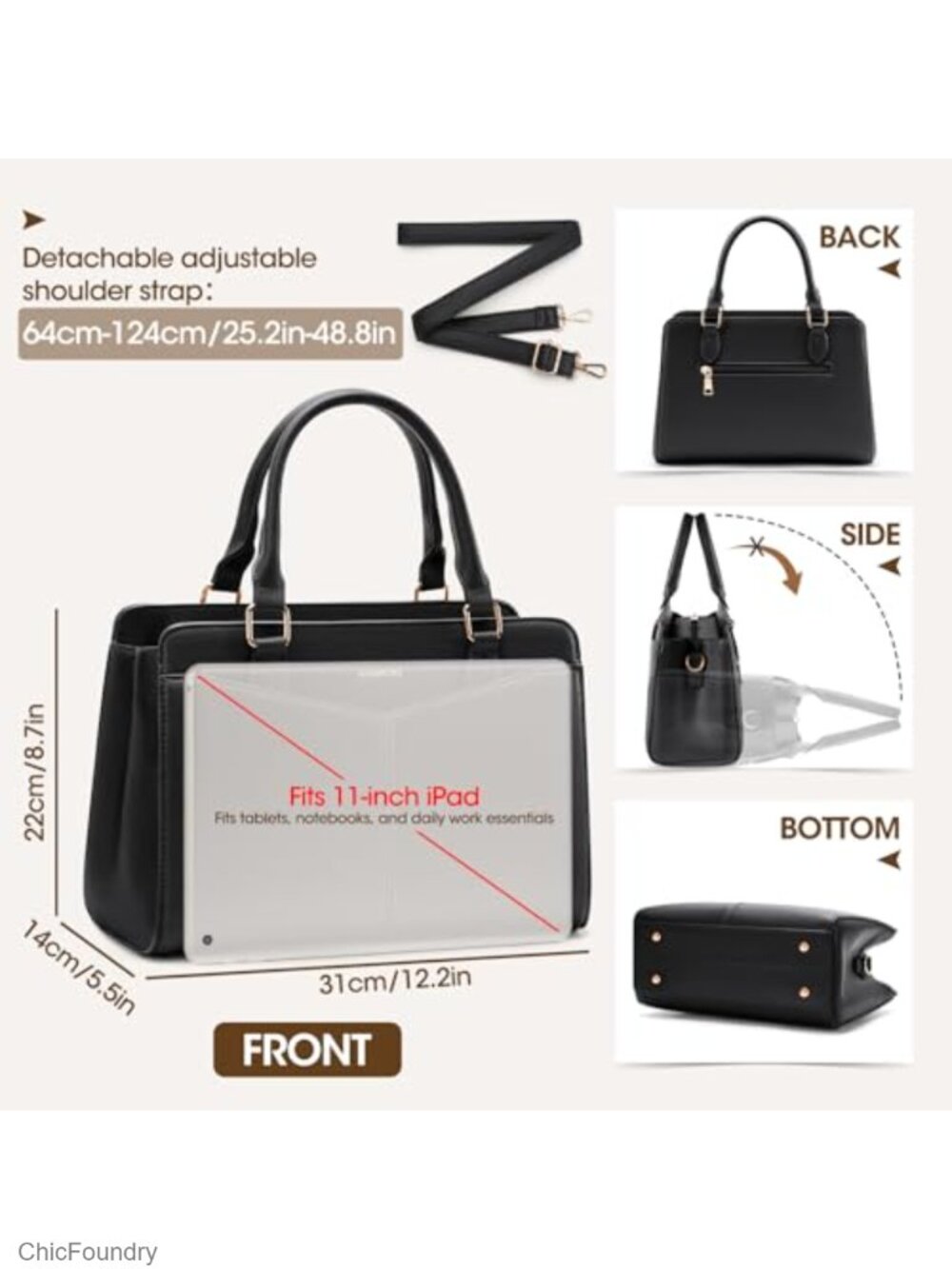 PU Leather Structured Satchel Handbag with Bowknot and Shoulder Strap, Fits - Picture 4 of 6